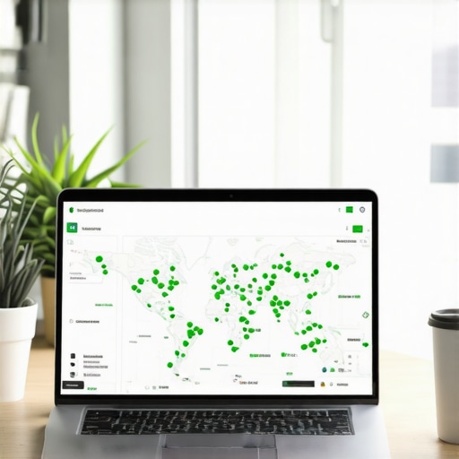 A laptop screen showing a local SEO grid tracking tool with high rankings across a city map.