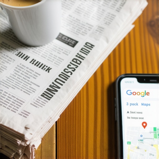 A local newspaper next to a phone showing Google Maps rankings