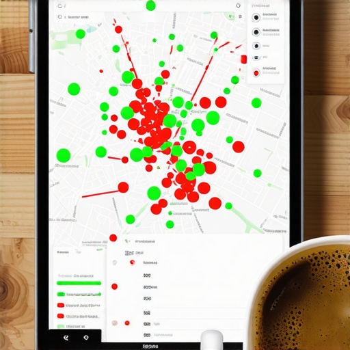 A digital heat map showing local search rankings across a city grid on a tablet