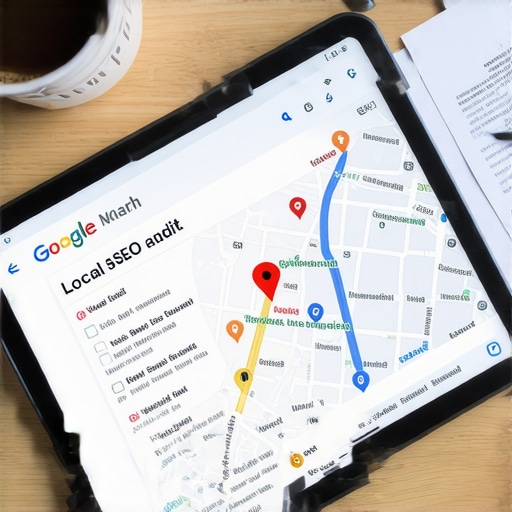 A tablet showing a 3-pack search result on Google Maps next to an audit checklist.