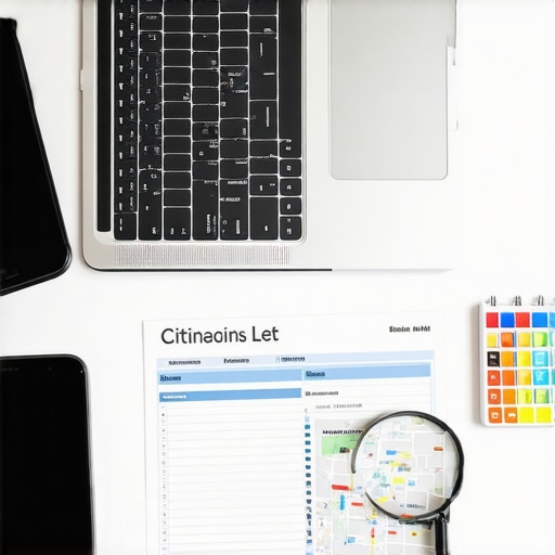 A laptop and smartphone on a desk showing local SEO audit data and Google Maps results.