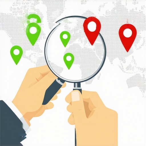 A close-up view of a magnifying glass inspecting business location pins on a map for local pack optimization.