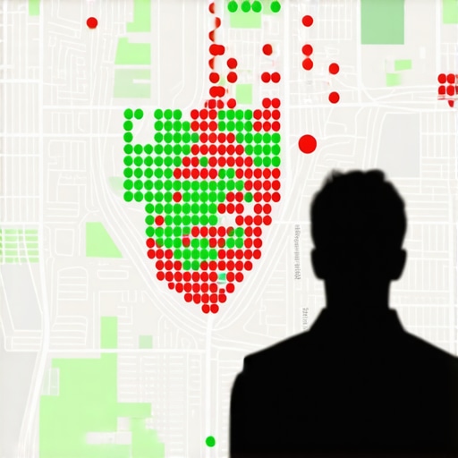 A digital geo-grid map showing local search rankings across a city.