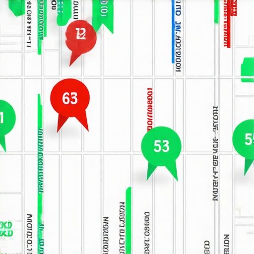 A digital map showing local search rankings across different neighborhoods in a city grid.
