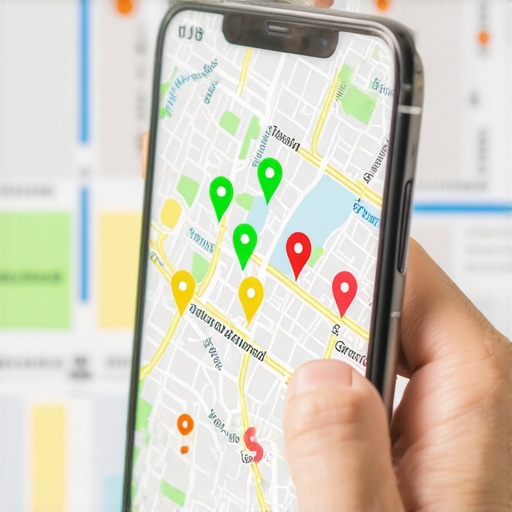 A smartphone showing a local pack ranking grid with various position markers across a city map.