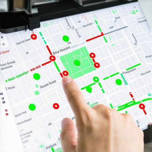 A geogrid map showing local search rankings across a city area on a tablet.