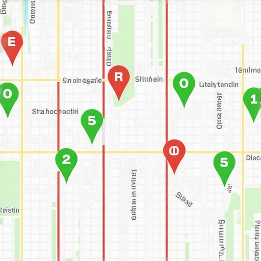 A digital map showing local search ranking positions across a city neighborhood using a grid of color-coded pins.