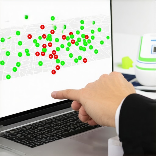 A detailed local search grid report showing business ranking positions across different neighborhood blocks on a map.