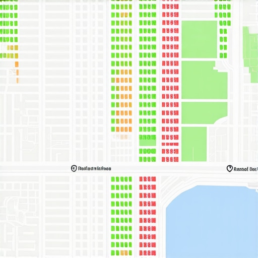 Digital map showing local search ranking positions across a neighborhood grid.