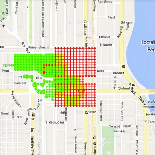 A visual representation of local search ranking grid showing proximity-based performance for a local business.