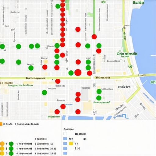 A geographic rank tracking map showing 1 through 10+ rankings across a city grid for local pack optimization.
