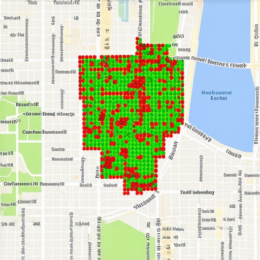 A map showing a local SEO ranking grid with varied positions across a city.