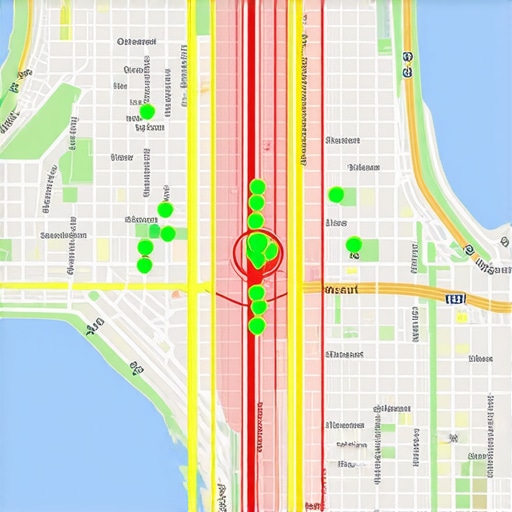 A visual representation of local pack ranking proximity across a city grid.