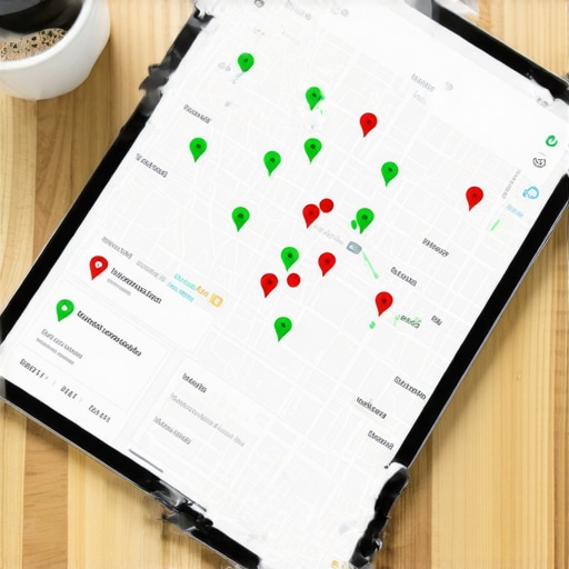 Tablet displaying a local search visibility heat map on an office desk