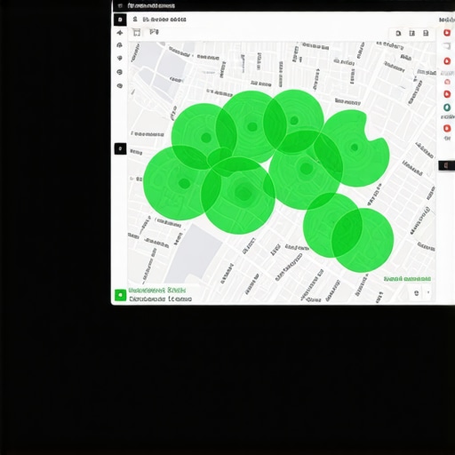 Local pack ranking heatmap showing business performance across several city blocks with green and red indicators.