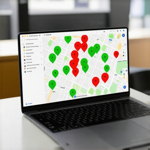 A laptop screen showing a local map with ranking data points for 3-pack optimization.