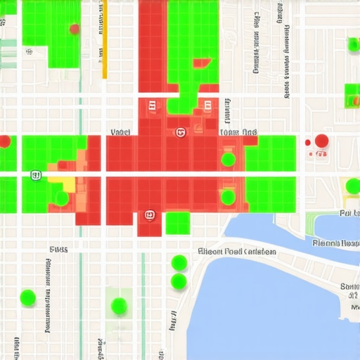 A grid-based heatmap showing local search rankings for a business across a specific geographic area.