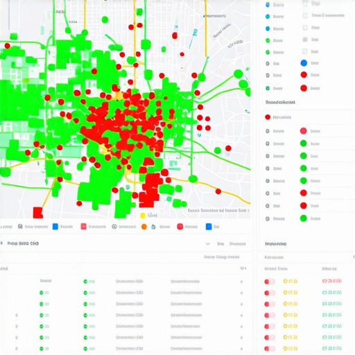 A digital analytics dashboard showing local 3-pack ranking trends and heat maps across a metropolitan area.