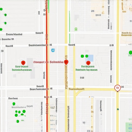 Local SEO Ranking Dashboard Metrics A digital map showing local SEO search visibility and 3-pack ranking positions for a business.