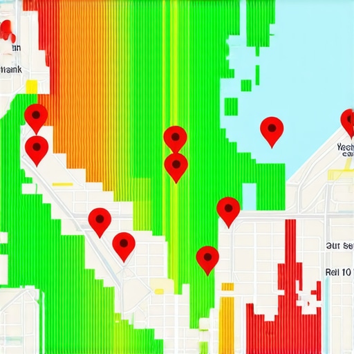 A map showing local search rankings across different geographic coordinates for a business.