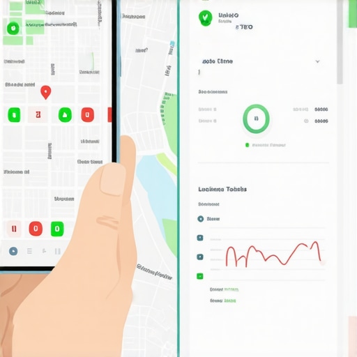 Local SEO ranking grid and performance dashboard A split-screen showing a ranking grid on a smartphone and a local SEO performance dashboard