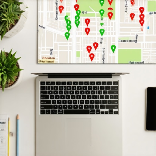A laptop showing a local search grid with various ranking positions across a city map for local SEO tracking.