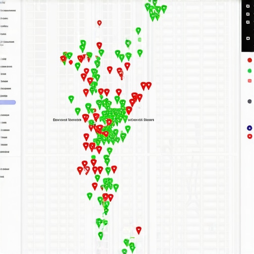 A grid-based tracking tool showing geographic variations in local 3-pack rankings across a city.