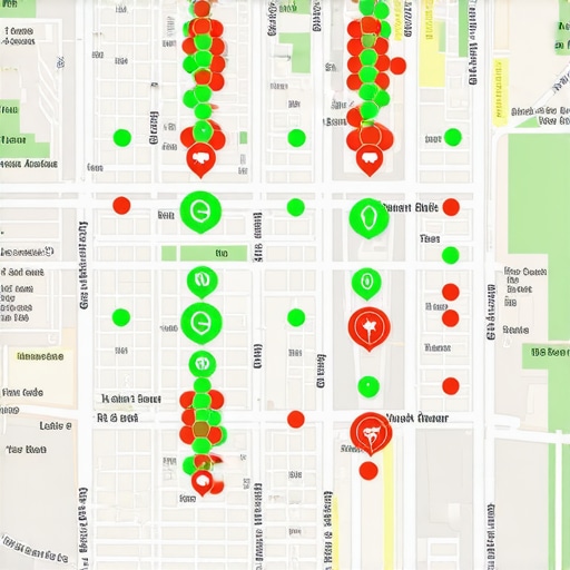A visual representation of local search rank tracking using a grid overlay on a city map.
