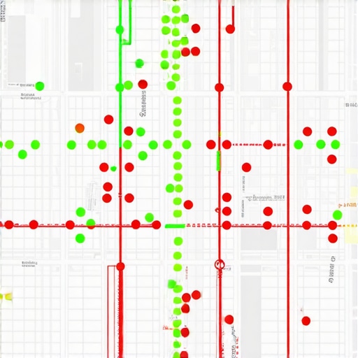 Local Search Proximity Heat Map Analysis A digital heat map showing Google Maps 3-pack ranking positions across a city grid.