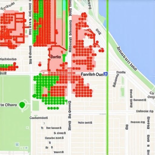 Local Search Ranking Heat Map Grid A digital map showing local ranking positions across a geographic area using a color-coded grid.