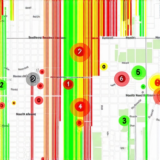 A visualization of local SEO rankings using a geo-grid tool to show 3-pack positions across a city.