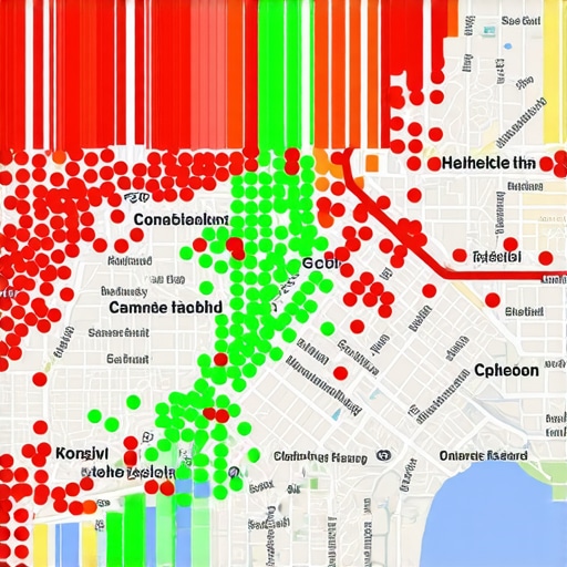 A digital map showing local SEO ranking performance across different neighborhoods.