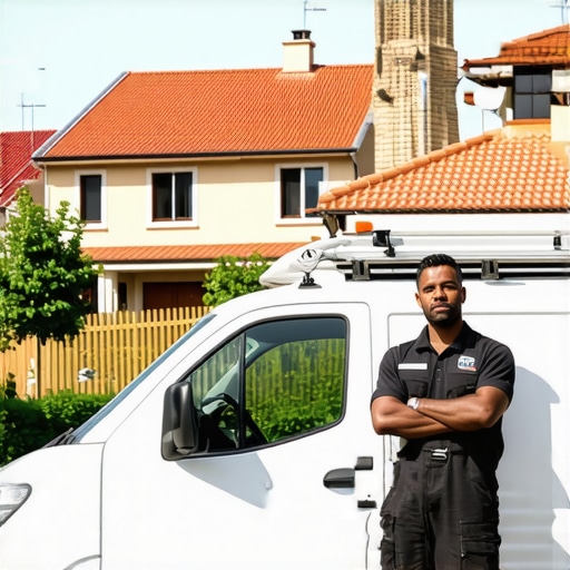 A local service technician standing with a service van in a specific neighborhood to demonstrate local authority.