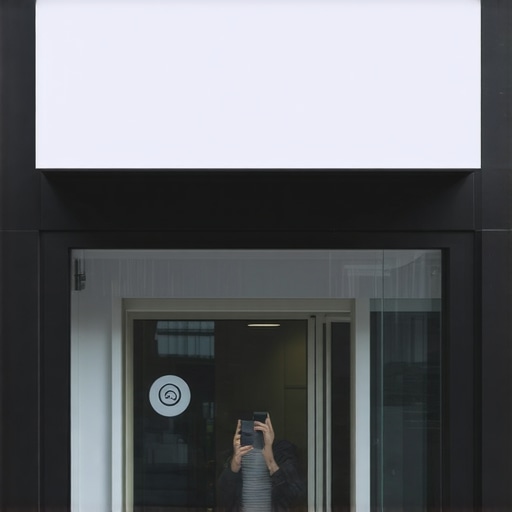 A small business storefront showing a clear sign and a customer using a mobile device for local navigation.