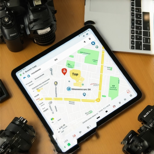 A digital map showing top local rankings and SEO maintenance tools on a modern desk.