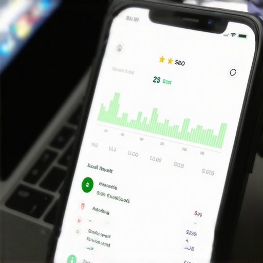 A smartphone showing local search results next to an SEO data dashboard on a laptop.