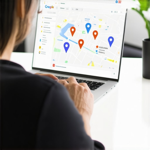 A business owner analyzing local pack ranking data on a laptop.
