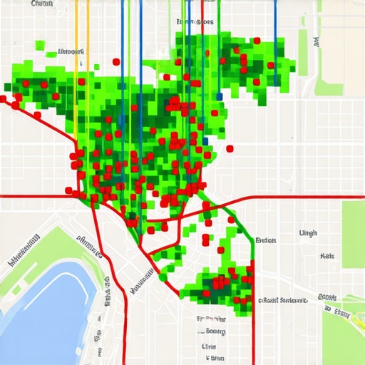 A heatmap showing Google Maps ranking positions across a local neighborhood.