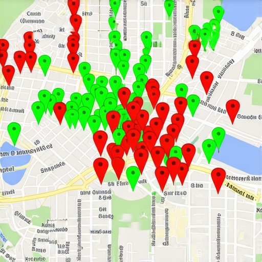 Digital dashboard showing local map ranking grid with green and red pins