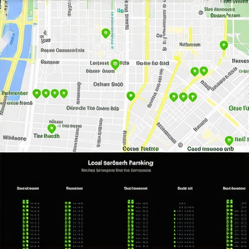 A digital dashboard showing a local search geo-grid with top rankings across a city map.