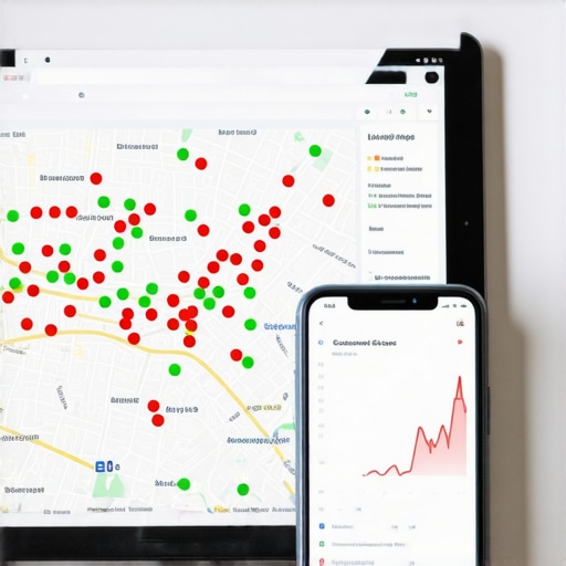 A tablet showing a local ranking heat map and a smartphone showing Google Maps analytics.