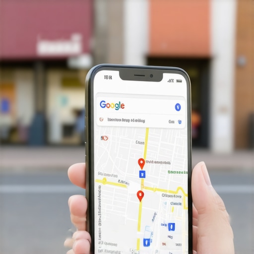 Smartphone showing a Google Maps 3-pack search result with a storefront in the background.
