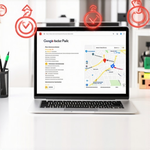 Optimizing Google Maps Categories and Business Names A laptop showing annotated Google Local Pack results focusing on primary categories and business naming conventions.
