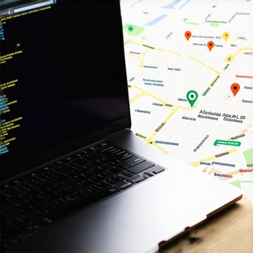 A laptop screen displaying structured local schema code next to a physical map to illustrate local pack optimization.