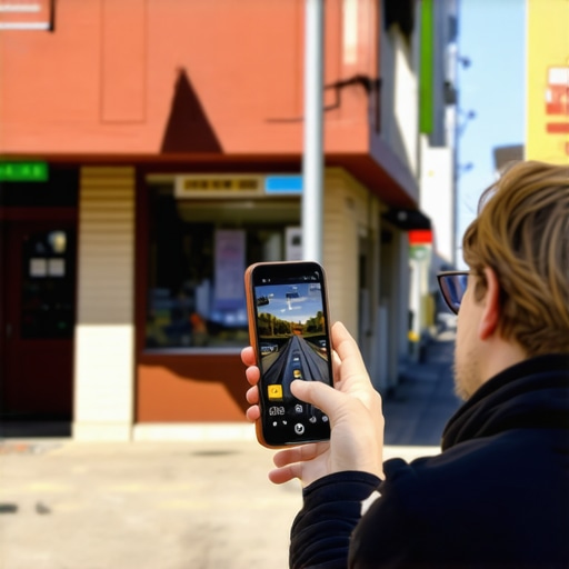 Business owner taking a photo of a storefront near a local landmark for local pack optimization.