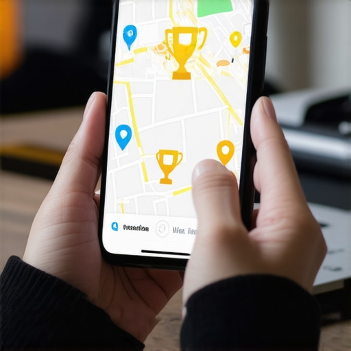 A smartphone screen showing local map search results with a rising engagement trend graph.