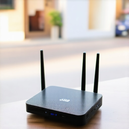 High-performance WiFi router positioned near a storefront window to maximize signal for local pack optimization.
