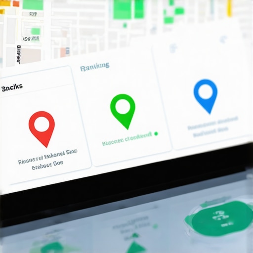 A digital dashboard showing local search ranking improvements and map pin visibility.