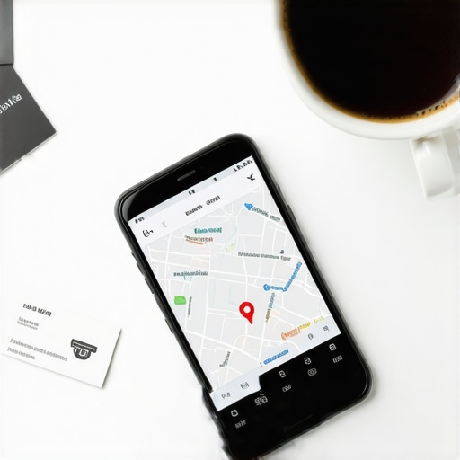 A smartphone displaying local map search results on a professional desk.