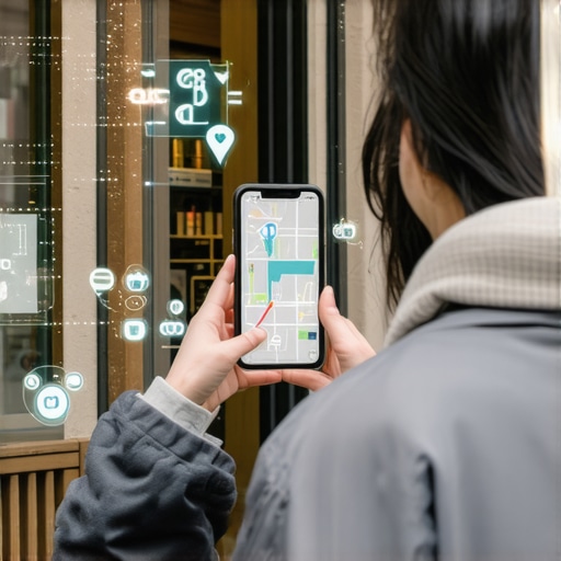 A smartphone capturing a storefront photo with a digital overlay showing GPS coordinates and map metadata.
